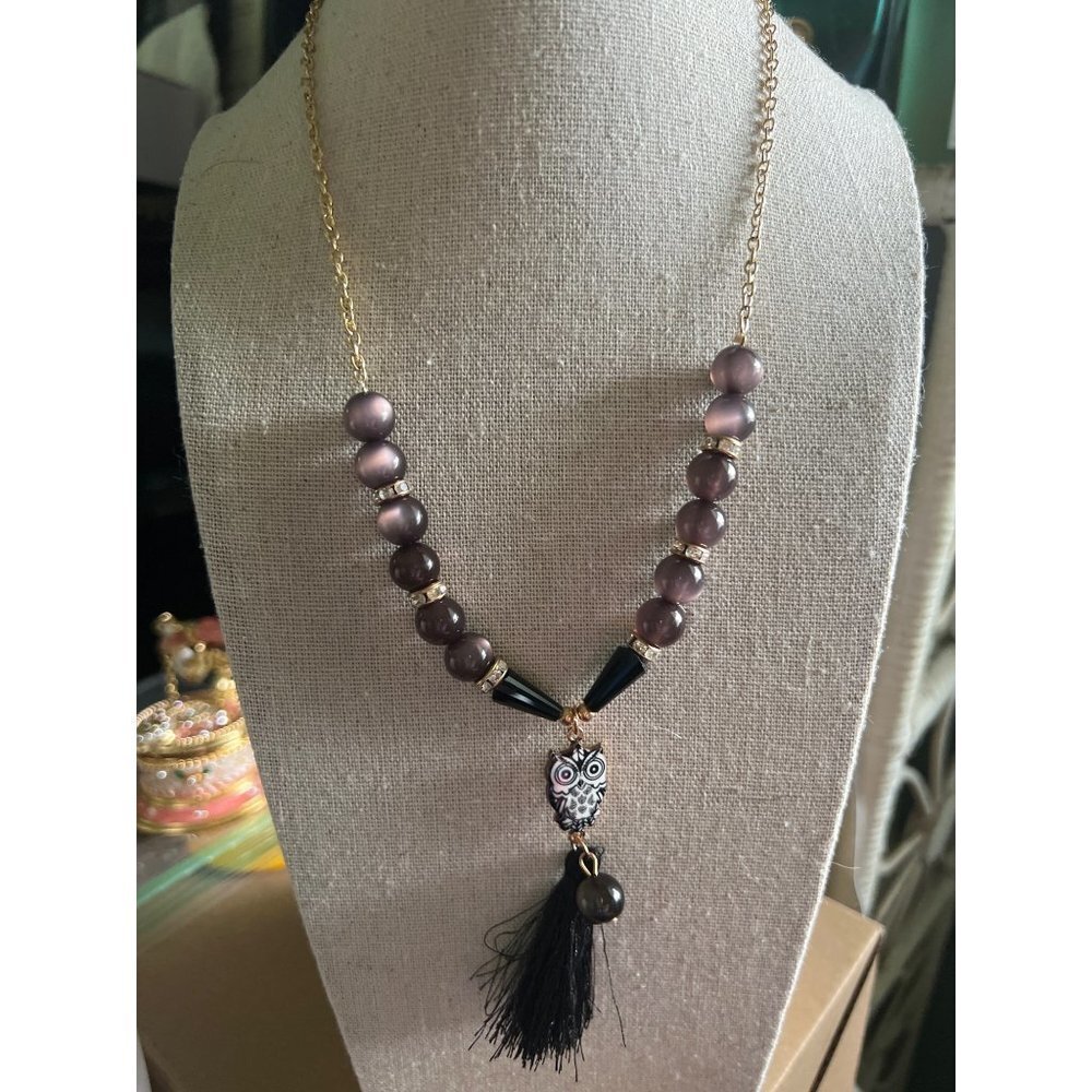 Princess Accessories Grey Cat Eye and Glass Owl Pendant Necklace -- 16"